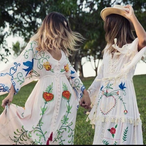 Boho Embroidered Hearts Magic Kimono Long Maxi Gown In White 5 Star ⭐️ Favorite - Picture 3 of 15